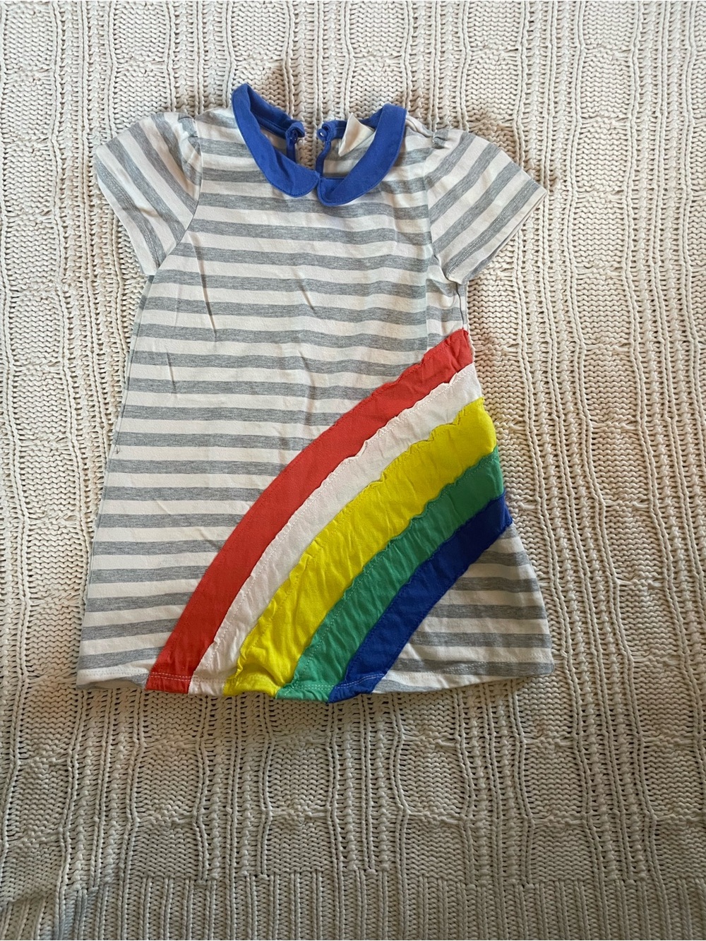 Mini Boden Gray-White Striped Dress with Rainbow Accent and Blue Collar